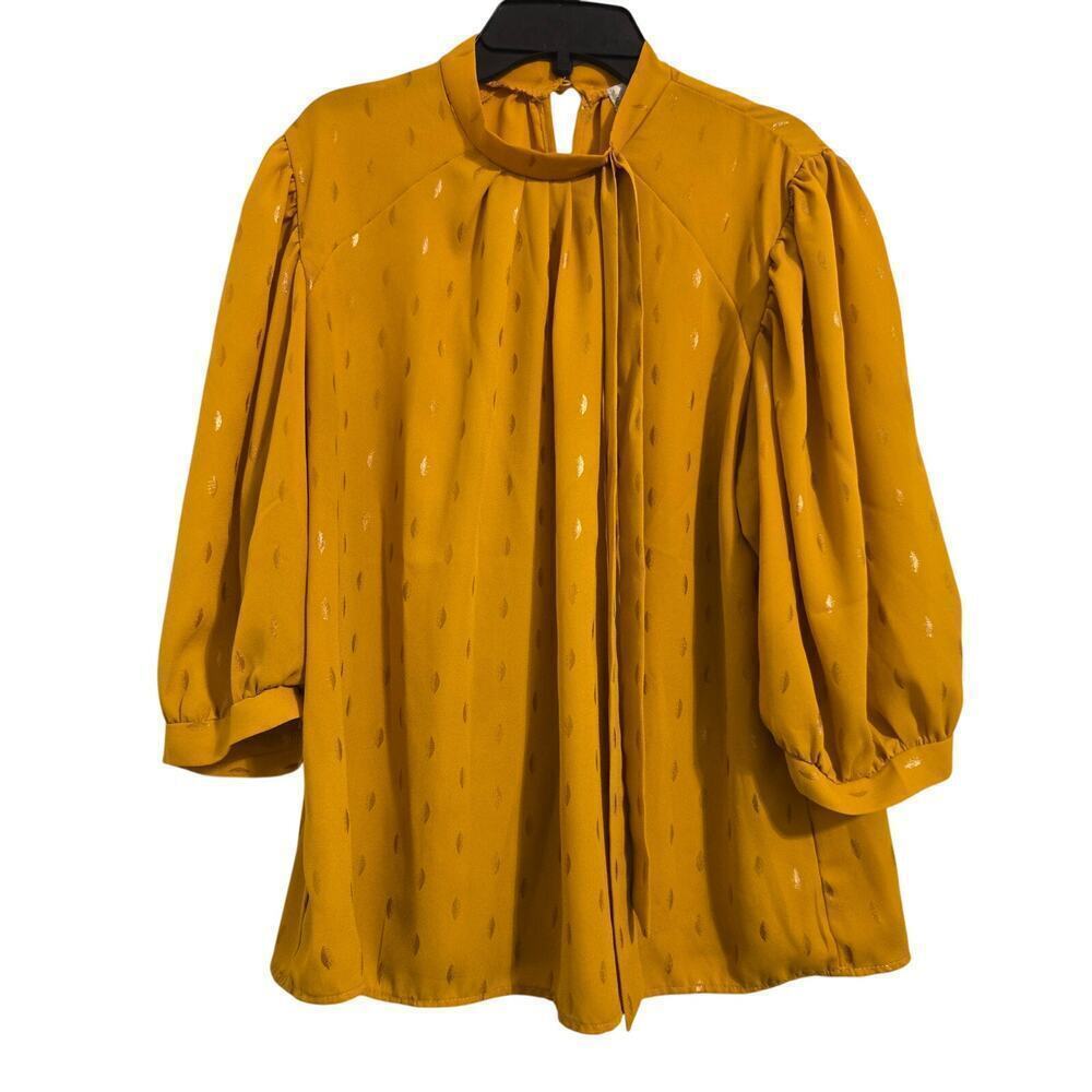 Shannon Ford Petite Metallic Dot Tunic Blouse Mustard Yellow 3/4 Sleeve Sz PL